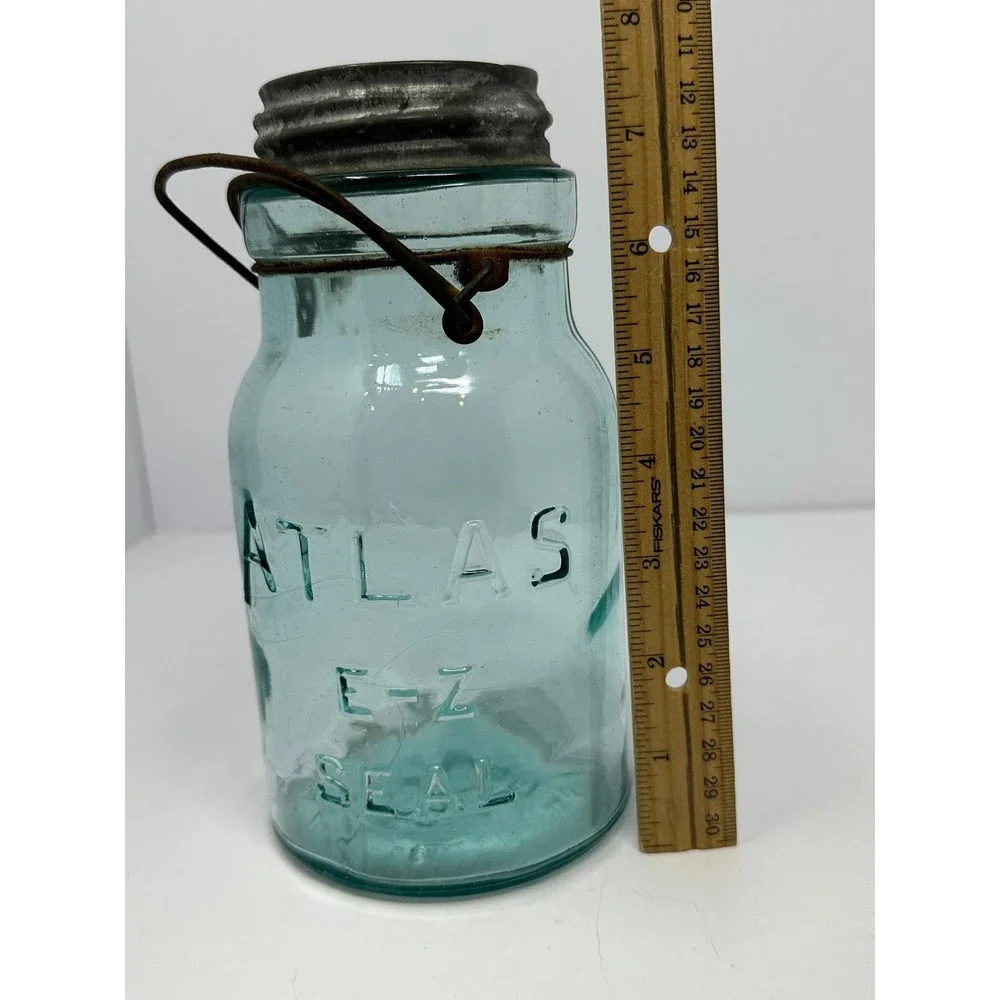 Vintage Atlas EZ Seal Aqua Blue Glass Mason Jar with Zinc Lid and Wire Bail A2